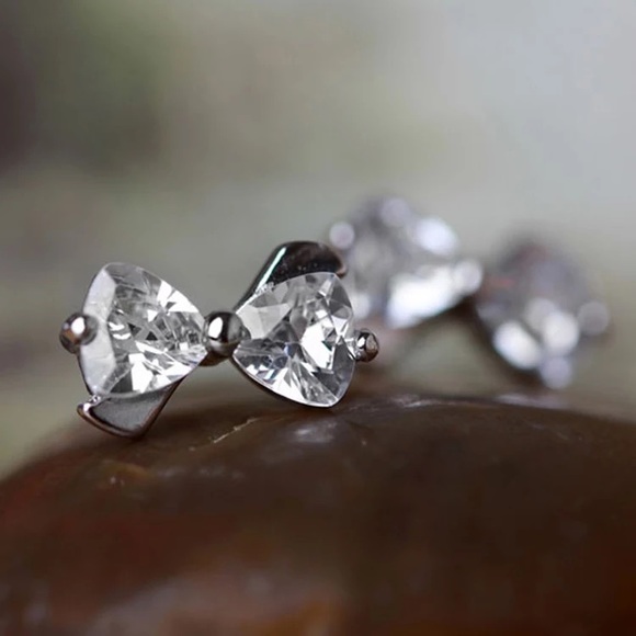 Sterling Silver Bow CZ Stud Earrings - Picture 2 of 3